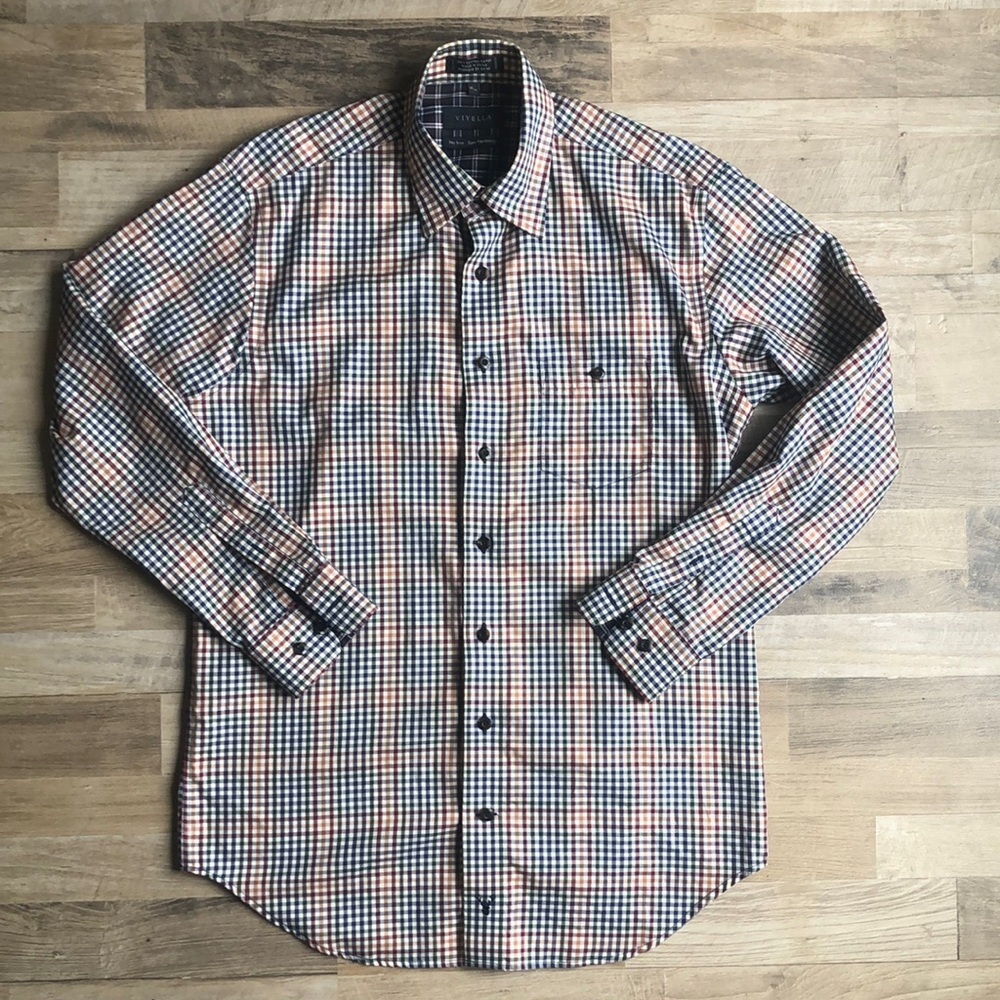 Viyella Mens Button Up Shirt Size M Formal Plaid Blue Green Dress Shirt